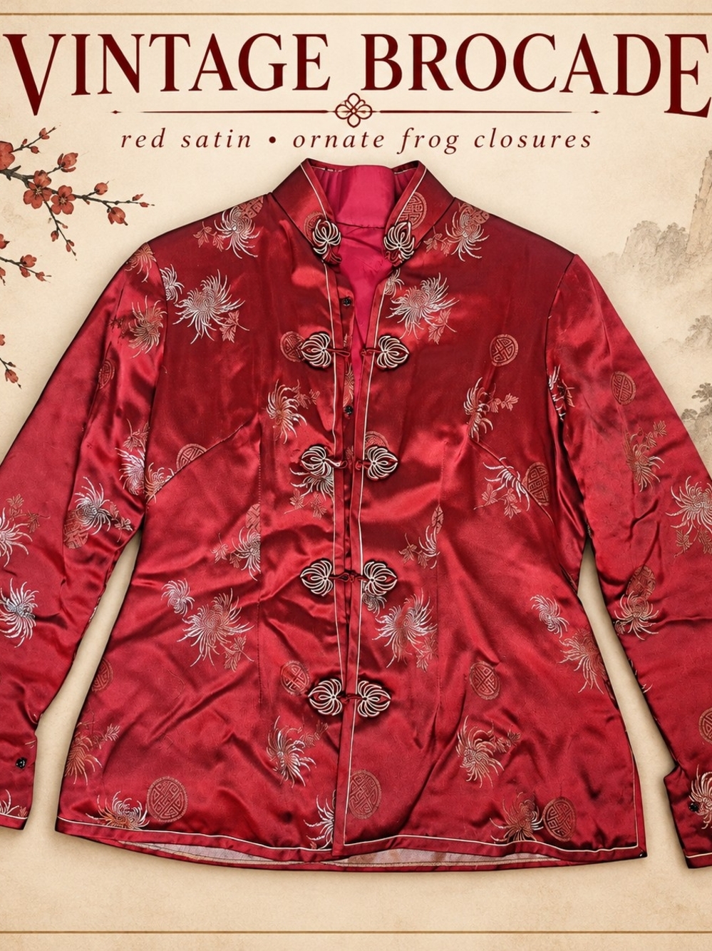 Vintage Burgundy Chinese Brocade Satin Jacket Frog Closure Mandarin Collar